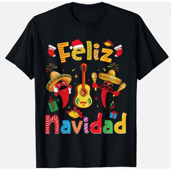 Feliz Navidad Mexican Fiesta Hot Pepper Guitar Xmas Unisex T-Shirt - Picture 1 of 1